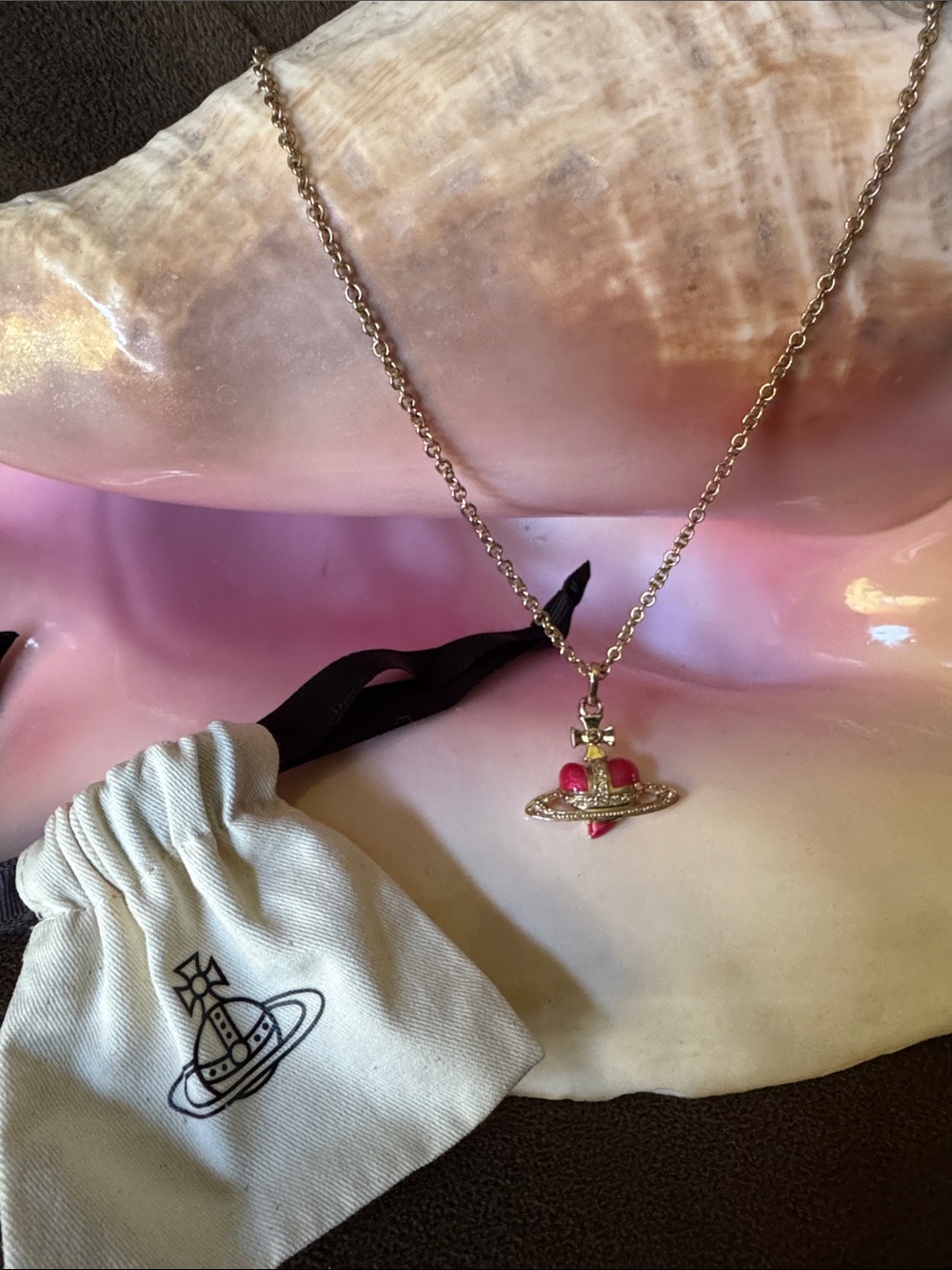 Vivienne Westwood Gold Tone Heart Necklace with Pink Enamel Orb